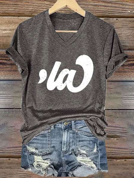 

Women's La kamala Printed Casual V Neck T-shirt, Deep gray, T-shirts