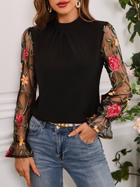 

Long Sleeve Floral Lace Regular Loose Blouse For Women, Black, Blouses