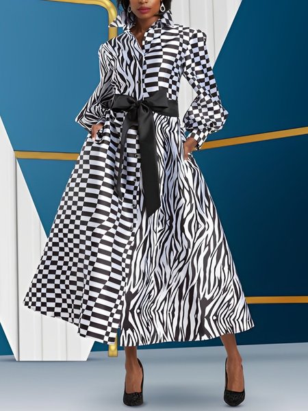 Balloon Sleeve Urban Geometric Shirt Dress With Belt, Black-white, Maxi Dresses
