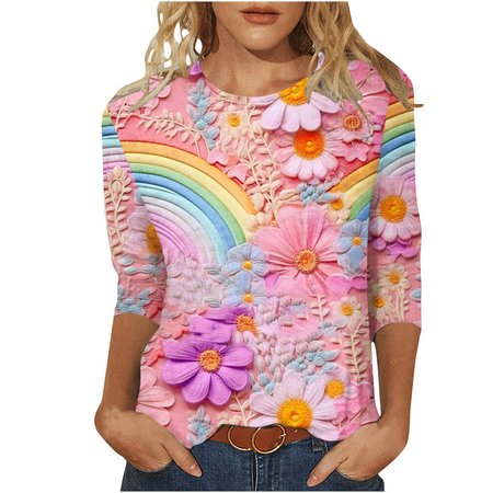 

Casual Floral Crew Neck Long Sleeve T-shirt, Pink, T-shirts