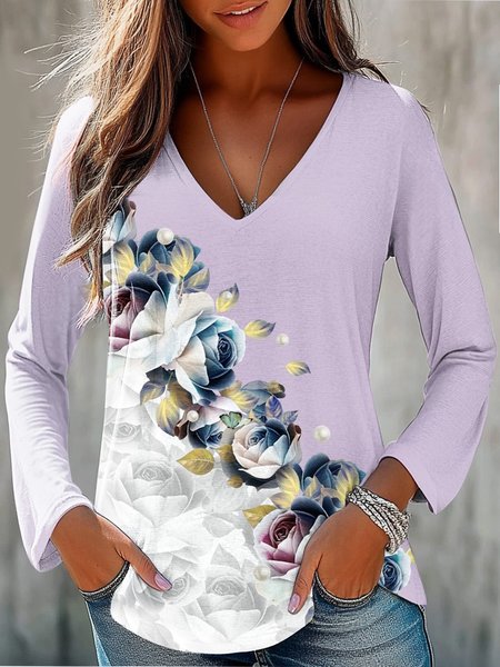 Women's Long Sleeve T shirt Spring Fall lavender Floral Jersey V Neck Daily Going Out Casual Top