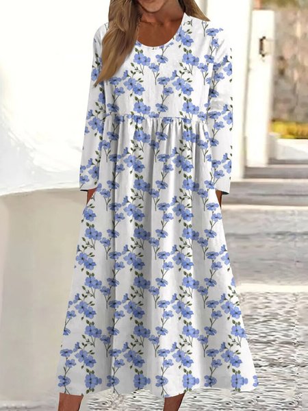 

Women Floral Crew Neck Three Quarter Sleeve Comfy Casual Midi Dress, Blue, Dresses