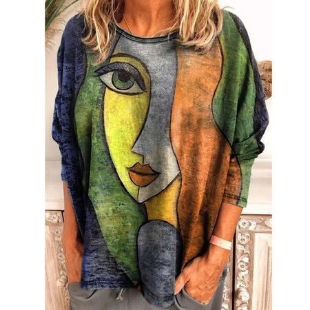 Crew Neck Long Sleeve Face Regular Loose Blouse For Women, Orange, Blouses