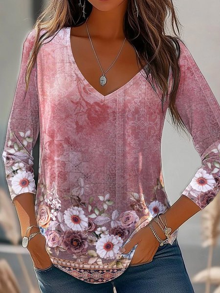 

Women's Long Sleeve Tee T-shirt Spring/Fall Floral Jersey V Neck Daily Going Out Casual Top, Pink, T-Shirts