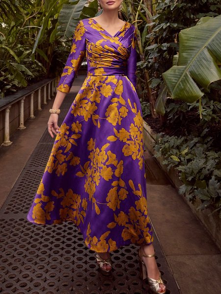 

Floral Elegant V Neck Pockets Regular Fit Party Dress, Purple, Maxi Dresses