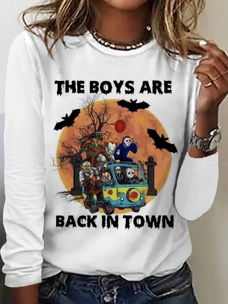

Casual Letter Pattern Crew Neck Long Sleeve T-shirt, White, T-shirts