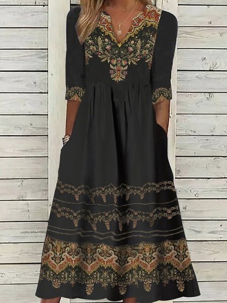 

Women Ethnic Notched Three Quarter Sleeve Comfy Casual Midi Dress, Black, Dresses