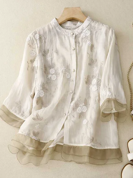 

Embroidery Patterns Stand Collar Loose Shirt, As picture, Blouses & Shirts