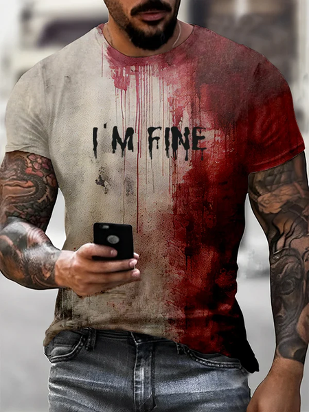 

Men's Bloody I'm Fine Halloween Print T-Shirt, Red, T-shirts