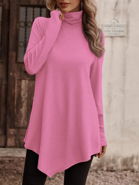 

Women Plain Turtleneck Casual Long Sleeve T-shirt, Rose red, Long Sleeves