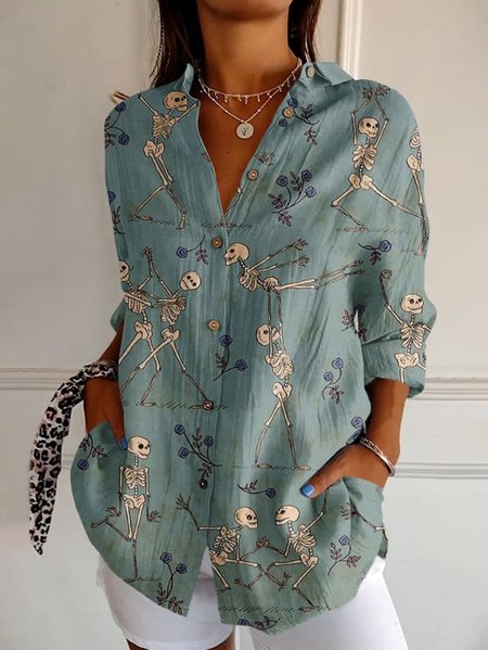 

Shirt Collar Short Sleeve Floral Regular Loose Shirt For Women, Green, Shirts