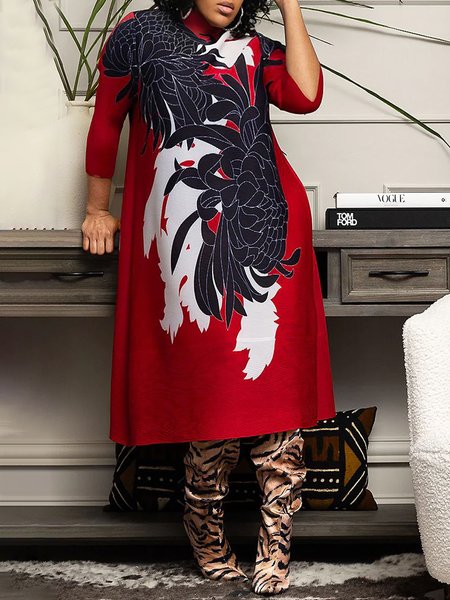 

Casual Random Print Stand Collar Pocket Stitching Midi Dress, Red, Midi Dresses