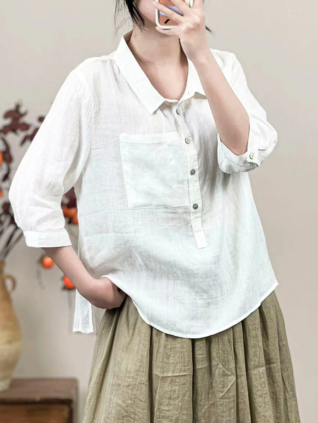 

Casual Cotton And Linen Loose Shirt, White, Blouses & Shirts