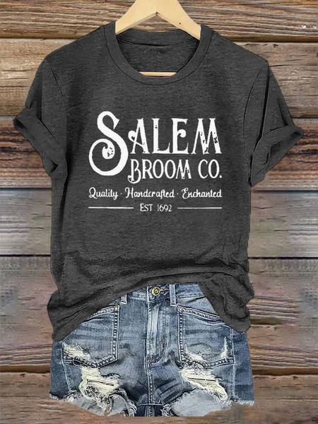 

Women's Salem Broom Co Quality Handcrafted Enchanted Est 1692 Printed T-Shirt, Deep gray, T-shirts