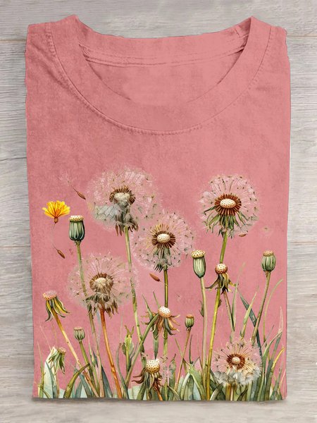

Casual Dandelion Crew Neck Short Sleeve T-shirt, Pink, T-shirts