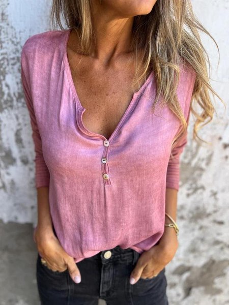 

Women's Plain Cotton And Linen V Neck Daily Going Out Casual Top, Rose red, Long Sleeves