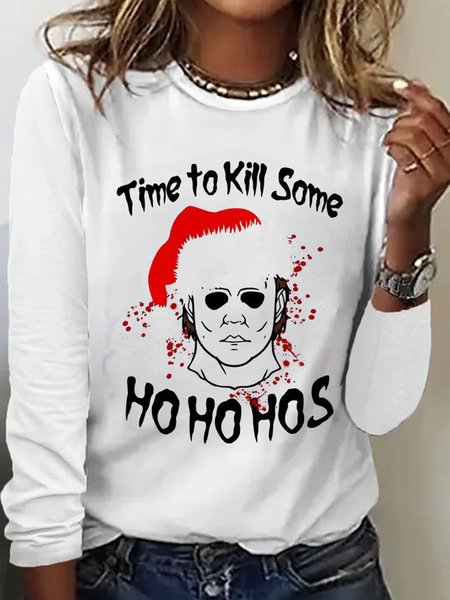 

Casual Letter Pattern Crew Neck Long Sleeve T-shirt, White, T-shirts