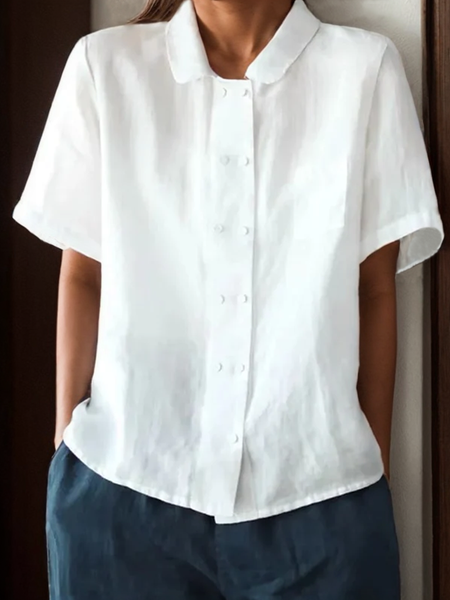 

Vacation Plain Shawl Collar Shirt, White, Short/3/4 Length Sleeve