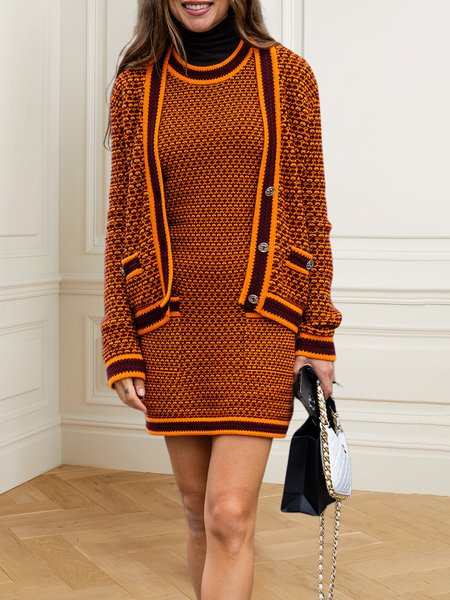 

Sleeveless Color Block Elegant Crew Neck Sweater Dress, Orange, Mini Dresses