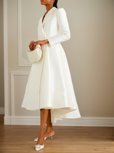 

Lapel Collar Elegant Regular Sleeve Regular Fit Midi Dress, White, Midi Dresses