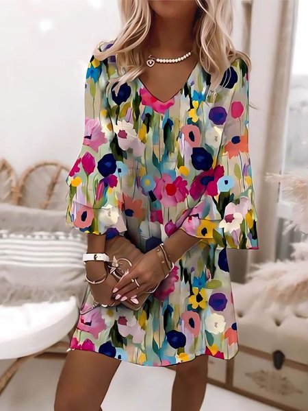 

Women Floral V Neck Three Quarter Sleeve Comfy Casual Midi Dress, Multicolor, Dresses