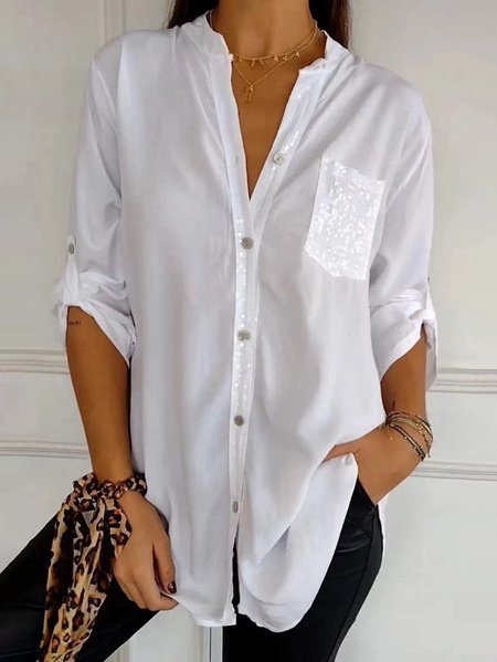 

Shirt Collar Long Sleeve Plain Regular Loose Shirt For Women, White, Shirts