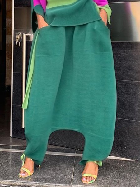 

Regular Size Casual Loose O-Line Pants, Green, Pants