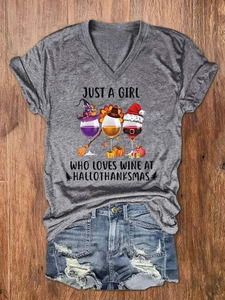 

Women's Just A Girl Who Loves Wine At Hallothanksmas Print V-Neck T-Shirt, Light gray, T-shirts