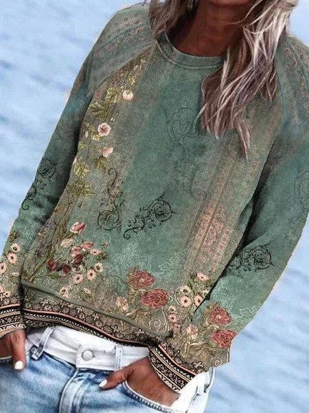 

Women's Vintage Floral Print Casual Long Sleeve Crew Neck Sweatshirt, Army green, Sweatshirts & Hoodies