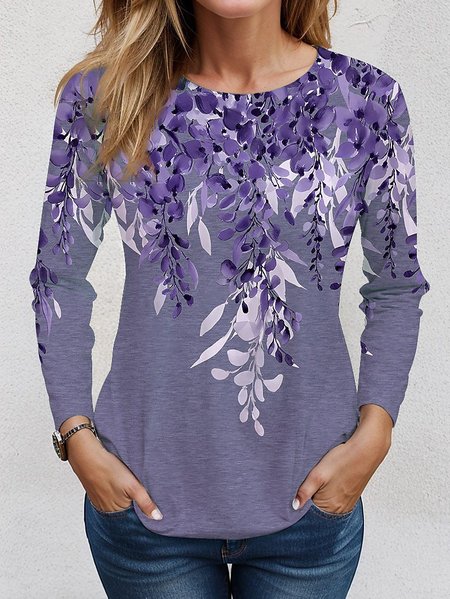 

Knitted Loose Leaf Casual T-Shirt, Color5, Long sleeves