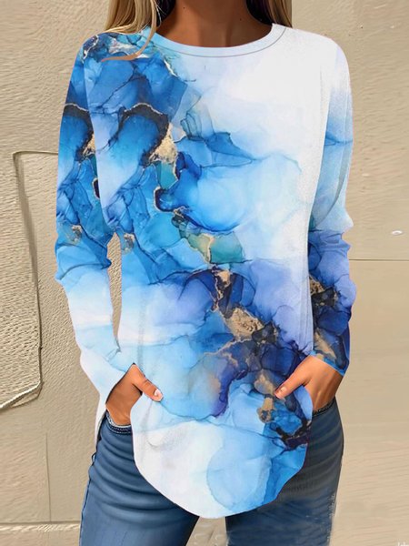 

Casual Abstract Crew Neck Loose T-Shirt, Blue, Long sleeves