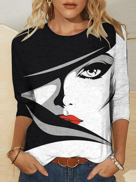 

Loose Casual T-Shirt, White-gray, Long sleeves