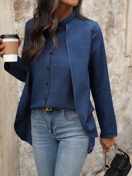 Shirt Collar Long Sleeve Plain Regular Loose Shirt For Women, Royal blue, Shirts