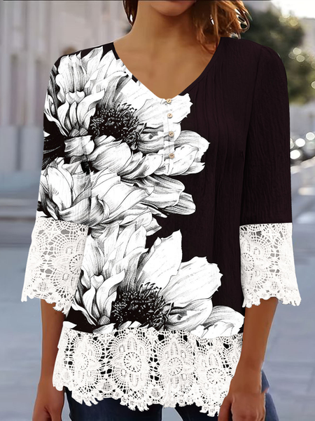 

V Neck Three Quarter Sleeve Floral Regular Loose Blouse For Women, Black-white, Blouses