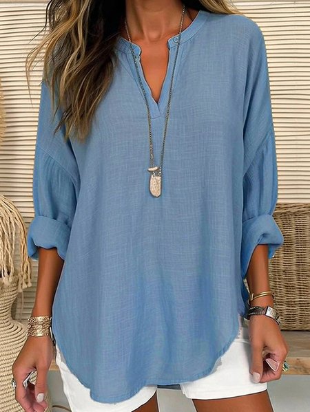 

Loose Plain Notched Casual Blouse, Blue, Short/3/4 Length Sleeve