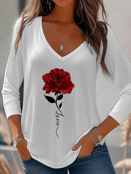 

Women's Long Sleeve Tee T-shirt Spring/Fall Floral Jersey V Neck Daily Going Out Casual Top, White, T-Shirts