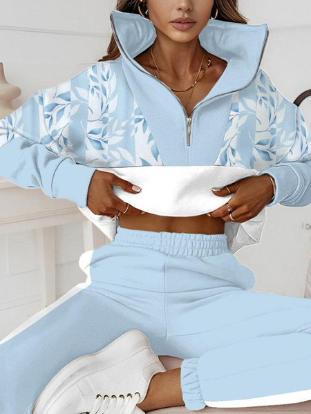 

Women's Zipper Leaf Daily Going Out Two Piece Set Long Sleeve Casual Spring/Fall Top With Pants Matching Set, Light blue, Suit Set