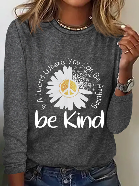 

Women'S Daisy Be Kind Text Letters Simple Shirt, Deep gray, Long sleeves
