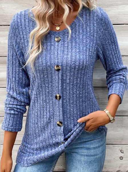 

Women's Long Sleeve Tee T-shirt Spring/Fall Plain Buckle Crew Neck Daily Going Out Casual Top, Blue, T-Shirts