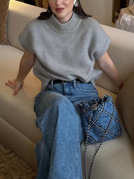 

Regular Size Raglan Sleeves Loose Casual Sweater, Gray, Pullovers