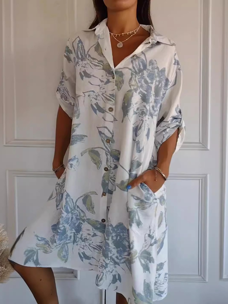 

Women Floral Shirt Collar Long Sleeve Comfy Casual Midi Dress, Blue, Dresses