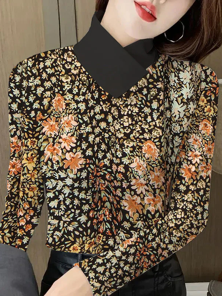 

Long Sleeve Floral Regular Micro-Elasticity Regular Fit Blouse For Women, Brown, Blouses