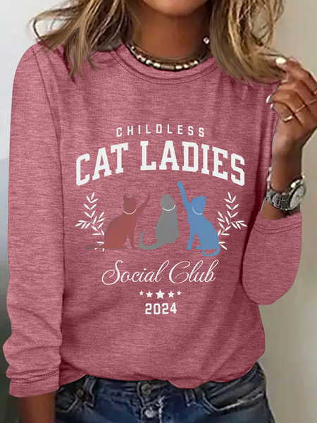 Childless Cat Lady Print Casual Long Sleeve Shirt, Watermelon, Long sleeves
