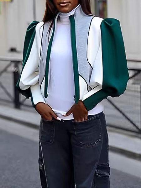 

Loose Puff Sleeve Casual Stand Collar Long Sleeve Jacket, As picture, Jackets