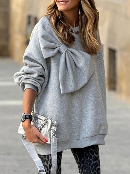 

Daily Plain Loose Long Sleeve Casual Bow Sweatshirt, Gray, Hoodies and Sweatshirts