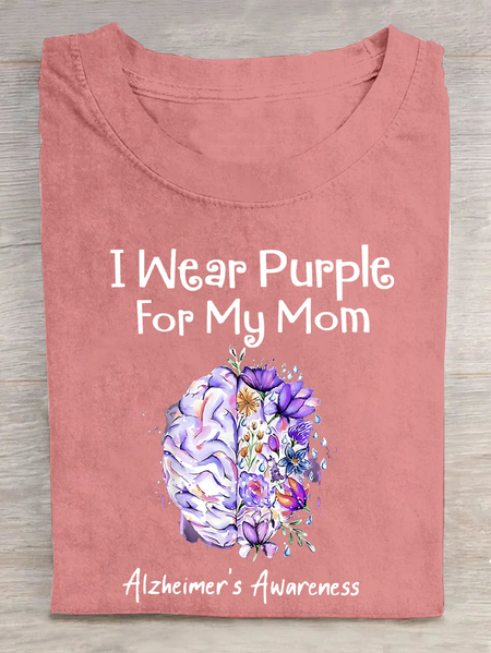 

I Wear Purple For My Mom Alzheimer's Awareness Cotton T-Shirt, Orange pink, T-shirts