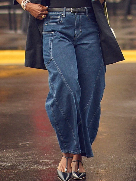 

Micro-Elasticity Loose Pocket Stitching Casual Long Jeans, Denim blue, Jeans