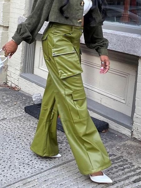 

Pocket Stitching Regular Fit Urban Plain Faux Leather Pants, Green, Pants