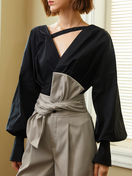 

Loosen Asymmetric Cotton Elegant Balloon Sleeve Shirt, Black, Blouses and Shirts