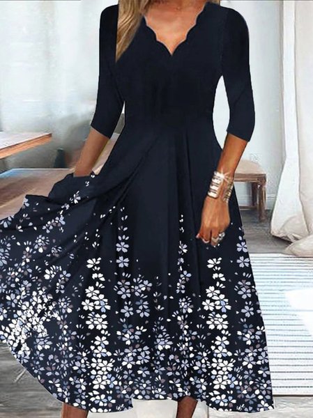 

Women Floral V Neck Long Sleeve Comfy Casual Maxi Dress, Black-blue, Dresses